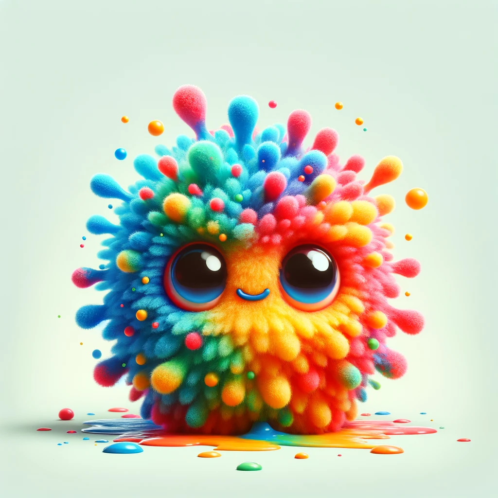 Splosch, a fluffy rainbow creature mascot with oversized eyes.